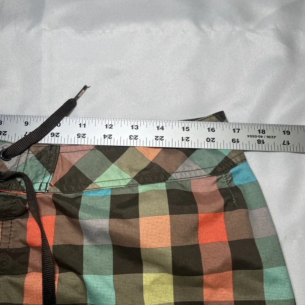Quiksilver Board Shorts Sz 34 Vintage Retro Style Checker Plaid Brown Blue Swim